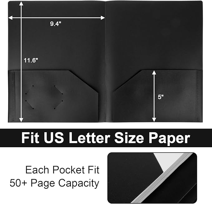 6-Pack Plastic Folders with Pockets,2-Pocket Poly Folders Holds 8-1/2" x 11" Paper for School/Office/Home, Black