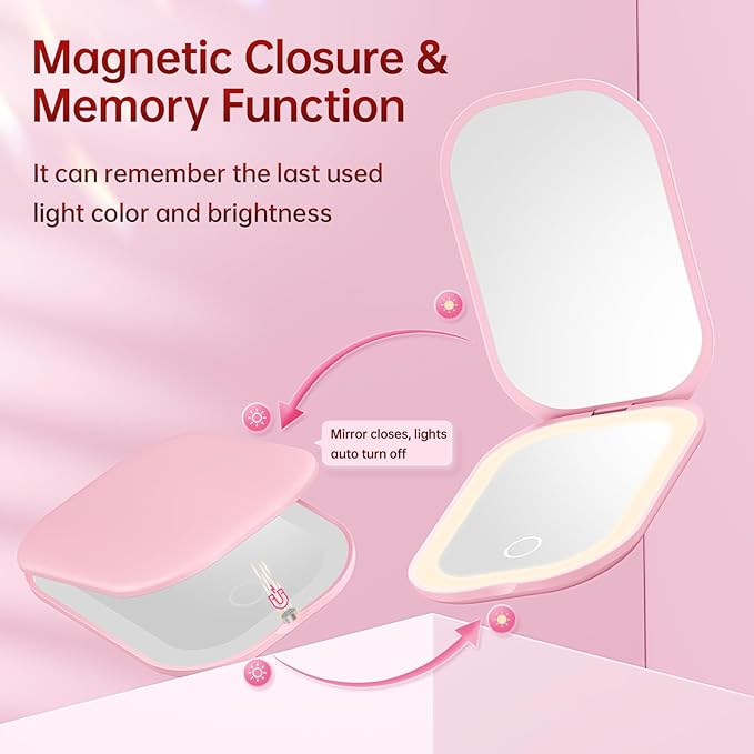 Benbilry Ultra Slim Pocket Mirror with Light, 1X/3X Magnifying LED Compact Travel Mirror with 3-Colored Dimming Lights for Purse, 2-Sided, Handheld, Folding, Portable, Light Pink