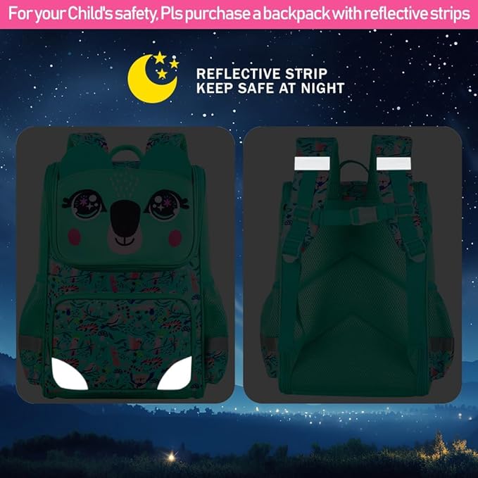 UFNDC 3PCS Bookbag for Girls, 15" Kids Sequin Bookbag with Lunch Box, Green Koala School Bag Set for Elementary Preschool Toddler