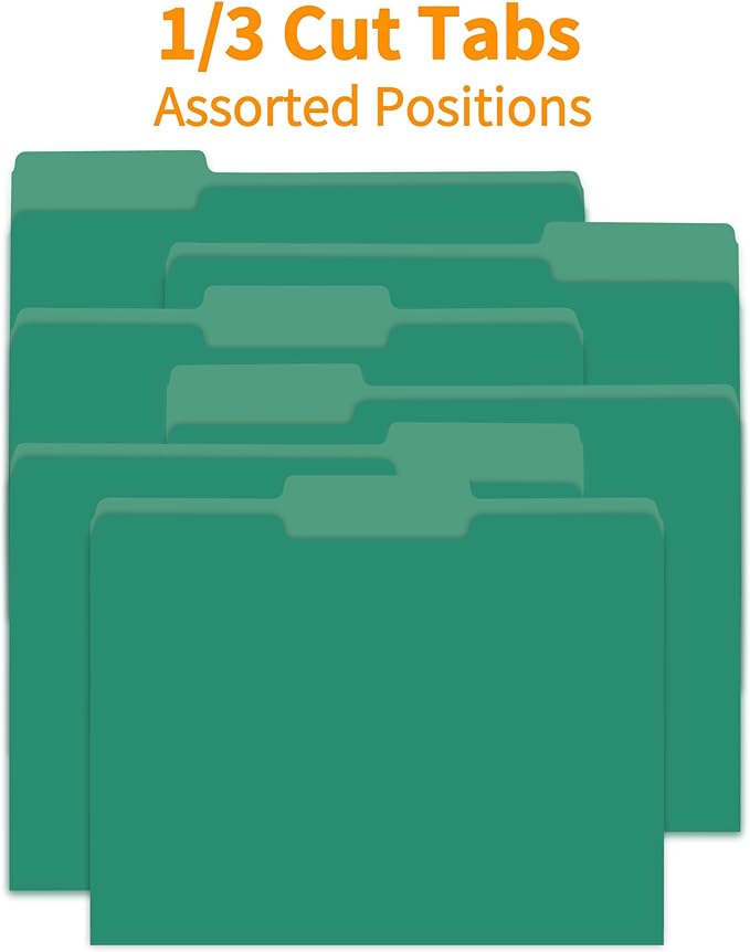 100 Packs File Folders,Green Folders,1/3-Cut Tabs,File Folders Letter Size,8.5x11 Inch File Folders for Office,School and Home,Organizer Documents