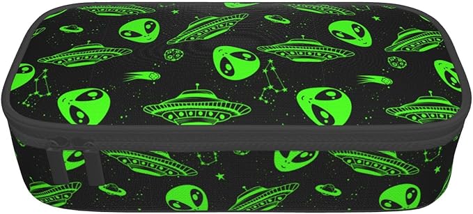 Green Ufo Alien Star Large Pencil Case With Zipper Compartments Stationery Pencil Bag For Kids Teens Students School Supplies