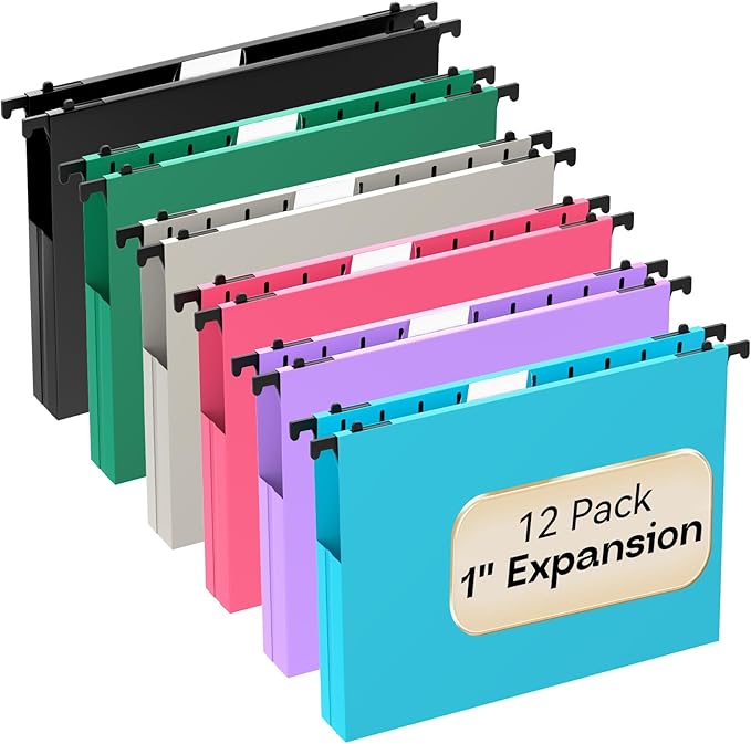 Plastic Extra Capacity Hanging File Folders Letter Size,1 Inch Expansion,12 Pack Reinforced Heavy Duty Hanging Folders,File Cabinet Folders,Expandable Hanging File Folder,Assorted Colors