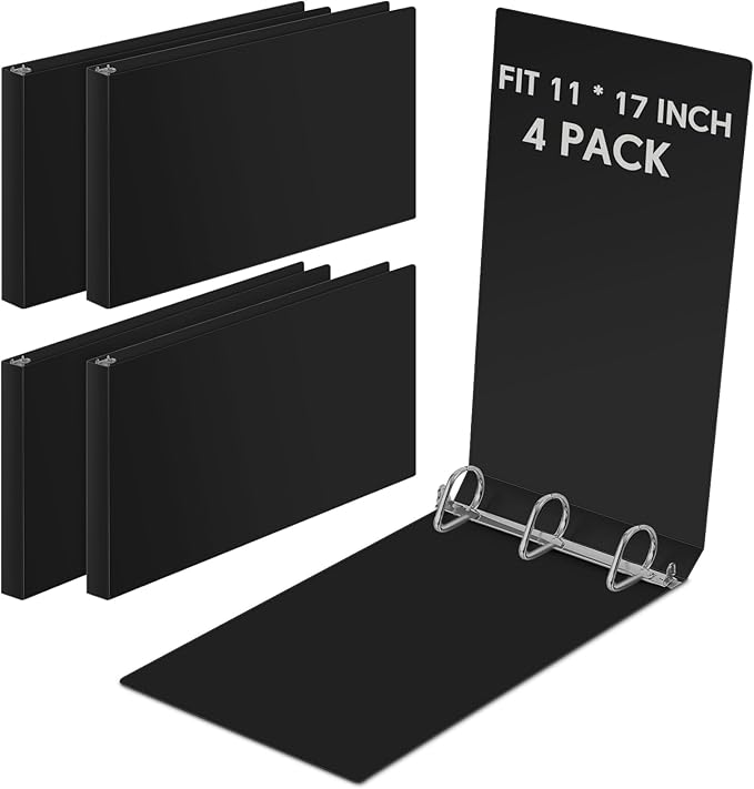 4 Pcs 11 x 17 Inch 3 Ring Binders 3 Inch Rings Heavy Duty View Plastic Flexible D Ring Binders Economy Holds 11" x 17" Paper for Artwork Blueprints, Office, Home, Work Places(Black)