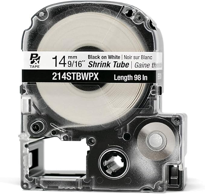Epson LABELWORKS 214STBWPX Genuine Tape Cartridge - Black on White Shrink Tube Industrial Label Maker Tape - AWG 0-5, 9/16" (14MM) Wide, 8 ft (96")