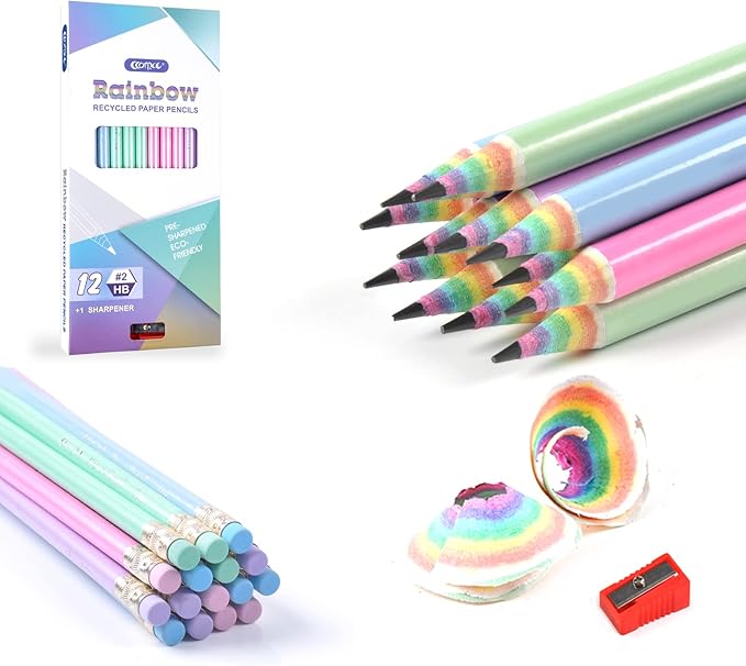 ECOTREE Pre-Sharpened Pencils #2 Cute Number 2 Pencil with Erasers for Kids Eco Rainbow Paper Pencil for School, Writing, 12 Count