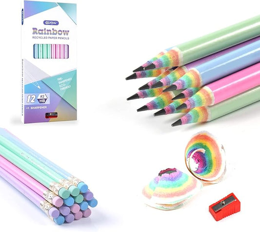 ECOTREE Pre-Sharpened Pencils #2 Cute Number 2 Pencil with Erasers for Kids Eco Rainbow Paper Pencil for School, Writing, 12 Count