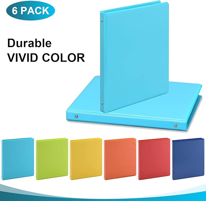 0.5-inch 3-Ring Binder with 2 Interior Pockets, 0.5'' Basic Binders Holds US Letter Size 8.5'' x 11''for Office/Home/Back to School, 6 Pack (Assorted 6 Colors)
