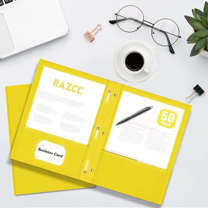 Two Pocket Folders, RAZCC 75 Pack Two Pocket Folders with Prongs, 3 Prong Folders Fit Letter Size Paper, Pocket File Folders for School Office Home Business, Yellow