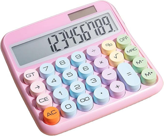 Mechanical Calculator, Cute Calculator for Daily and Basic Office, 12 Digit Display Vintage Typewriter Style Solar Powered Battery Powered Pink (not inculde Battery)