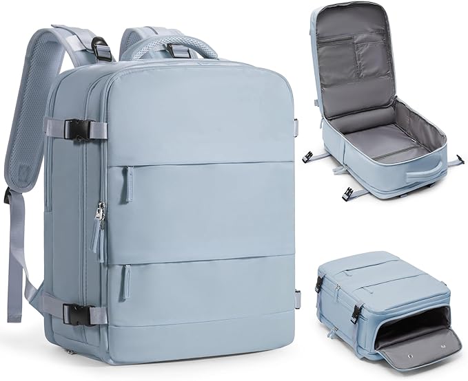 Large Travel Backpack Carry on Flight Approved Mochila De Viaje Carry on Backpack for Airplanes Spirit Airlines Personal Item Bag 18x14x8 Inches Travel Bag Traveling Backpack for Women Men Grey Blue