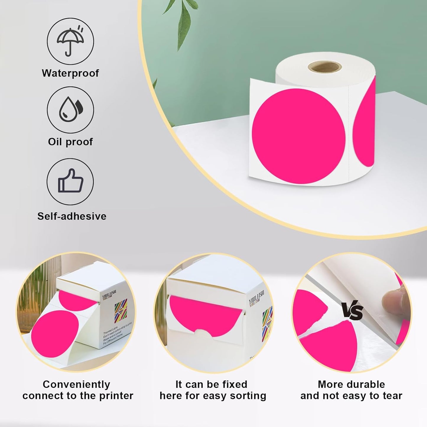 3 X 3 Inch Color Coding Dot Labels Circle Thermal Printable Waterproof 500 Pcs Round Stickers Adhesive Writable for Office, Home, Garage, DIY Sticker, Barcodes, Name Tag, Fluorescent Pink