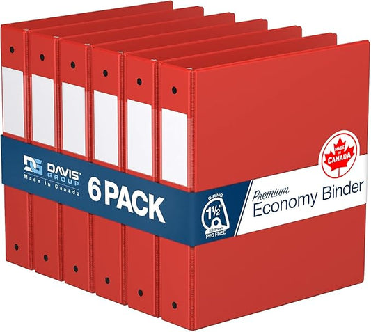 Premium Economy 1.5-Inch Binders, 3-Ring Binders for School, Office, or Home, Colored Binder Notebooks, Pack of 6, D Ring, Red