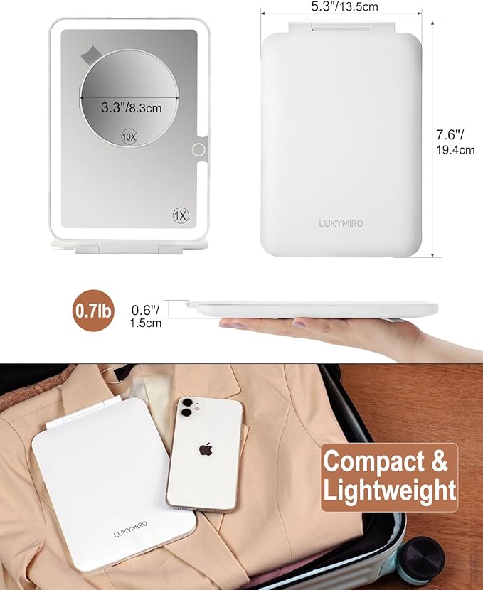 Rechargeable Travel Makeup Mirror with Lights, Portable Lighted Regular Mirror with Small 10X Magnification, 70 LEDs 3 Color Dimmable, Tabletop Folding Compact Cosmetic Mirror