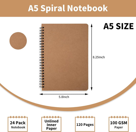24 Pack A5 Spiral Notebook,Soft Cover,Blank Sketch,Wire-Bound Journal Notebook,120 Pages, Unlined Paper Diary Notebook for Office, Business, School Supplies