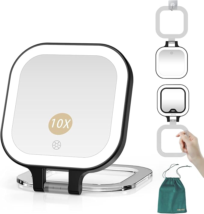 Mocado Compact Travel Makeup Mirror, 1X/10X Magnifying Mirror with Light, Double Sides Compact Mirror with 3 Color Light, Dimmable Handheld Mirror, Rechargeable Travel for Purse,Pocket(Black)