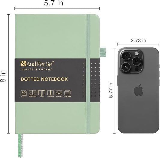 &And Per Se Dotted Journal Notebook, A5 Hardcover Leather Bullet Dotted Journal, 160 Pages 100 gsm Thick Dotted Paper，3 Sheets of Stickers Included - 5.7'' x 8''（Light Green）