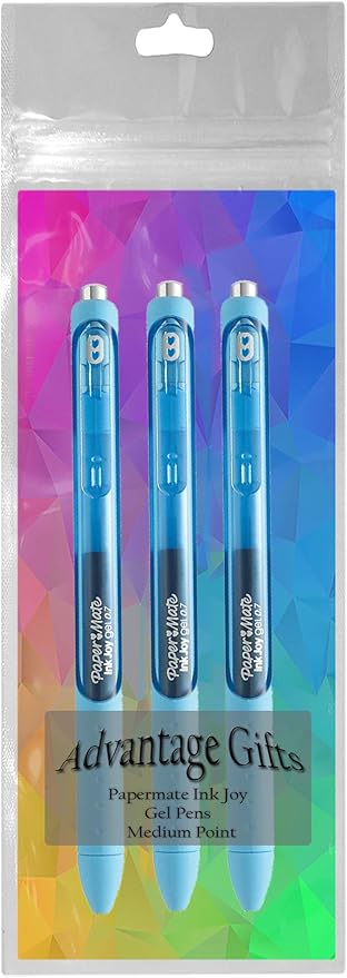 Paper Mate InkJoy Gel Pens, Bright Blue Ink, Medium Point (0.7mm), 3 Count, Bundle with Plastic Reusable Pouch