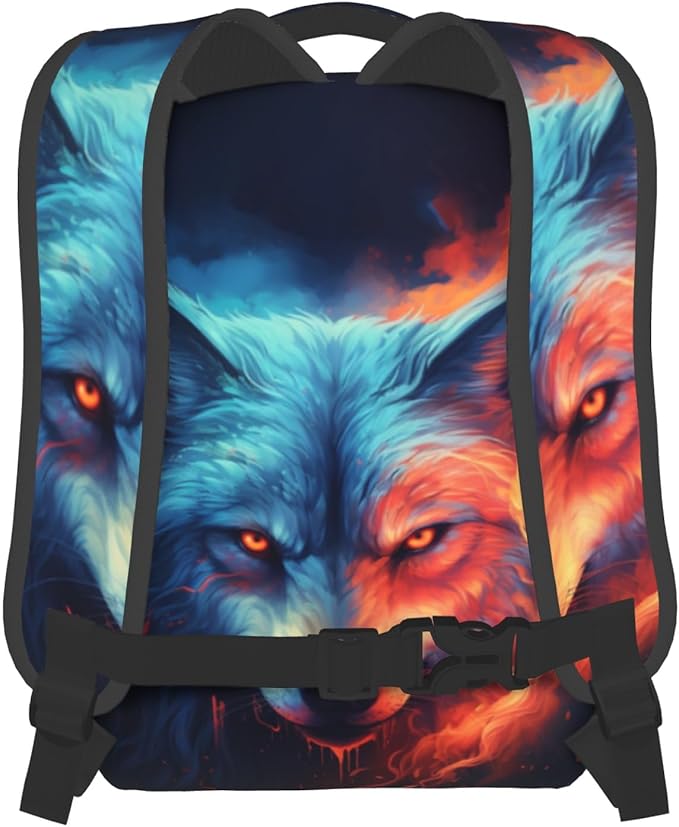 Giwawa Wolf Backpack for School, Blue Red Fire Wolf Animal Lightweight Sports Bookbags Shoulder Pack Laptop Casual Daypack Travel Bag for Women Men Boys Girls Teens Students