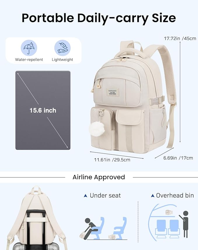 Teen Girls Backpack for School, Multi-pocket Aesthetic Middle School Book Bag College Travel Back Pack Kid Casual Laptop Backpack for Women (Beige)
