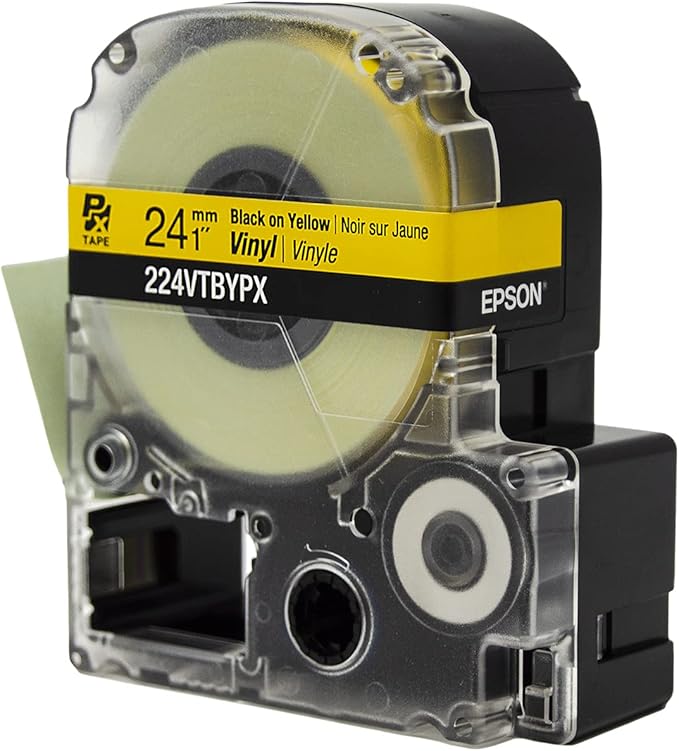 Epson LABELWORKS 224VTBYPX Genuine Tape Cartridge - Black on Yellow Flexible and Durable Vinyl Industrial Label Maker Tape - 1" (24MM) Wide, 22.9 ft