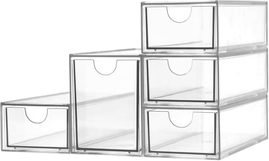 Acrylic Makeup Organizer, Clear Storage Organizer Desktop Stackable Storage Drawers, Plastic Organizer Bins for Makeup, Stationery, Cosmetics, Vanity, Bathroom,Cabinet,Pantry Office Desk (5 Drawers)