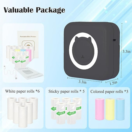 Mini Thermal Inkless Sticker Printer with 14 Rolls Paper, Compatible with iPhone/Android Phone/Tablet, Mini Pocket Printer for Photos/Stickers/Labels/Notes, Black