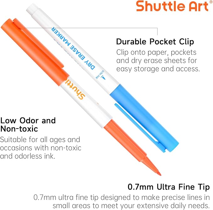 Shuttle Art Ultra Fine Dry Erase Markers, 15 Colors Whiteboard Markers with Erase, Dry Erase Markers Perfect For Writing on Whiteboards, Dry-Erase Boards,Mirrors for School Office Home
