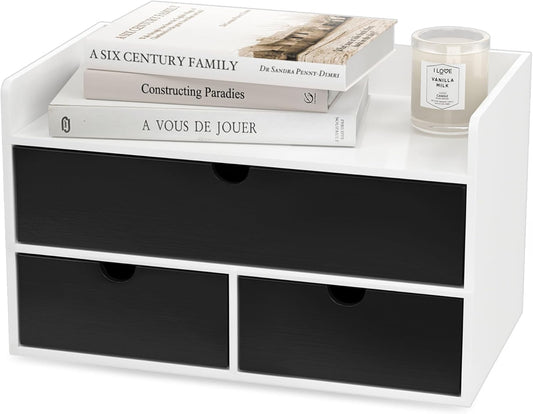 Wisuce Desk Organizer with Drawers - White-Black Bamboo Desktop Organizer Storage | Wood Desk Drawers Organizer for Bills, Office Supplies, Cosmetics, Seals No Assembled