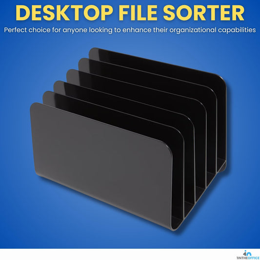 1InTheOffice Inclined File Organizer Desktop, Desk Organizer File Sorter, Plastic Incline Desktop File Sorter, 5 Compartments, Black
