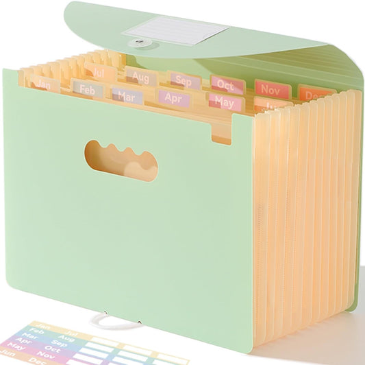 Accordion File Organizer 12 Pockets, Monthly Bill Receipt Tax Organizer, Expanding File Folders with Larger Bright Tabs, Fits Letter/A4 Size - Green