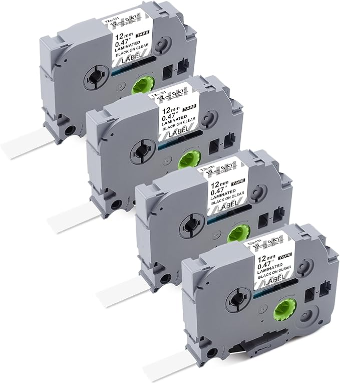 4PK Work for Brother P Touch Black on Clear TZ TZe 1/2" Label Tape Replace with Brother Label Maker Tape 12mm 0.47 Laminated Clear TZe-131 TZe131 for PT-H103w H110 D210 D220 D400 1180 1280 1890 2040