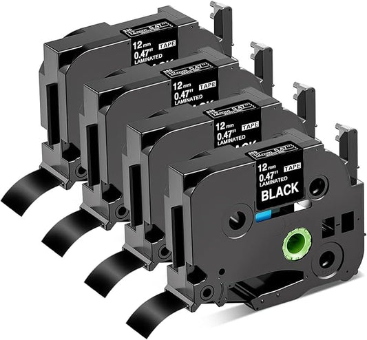 TZe-335 Label Tape Black Replacement for Brother P-Touch Tape White on Black 12mm 0.47 Laminated Compatible with Brother Ptouch D210 PTH110 PTD220 PT-1830 PT-1280 PT-1180 Label Maker, 4-Pack