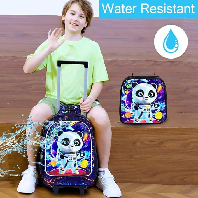 3PCS Rolling Backpack for Boys, Kids Roller Bookbag with Wheels, Panda Wheeled School Backpack for Elementary Preschool Kindergarten(Black)