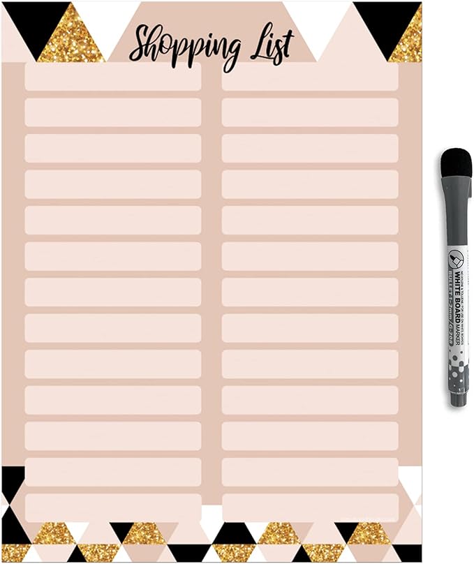 Dry Erase Shopping List Vinyl Sticker Decal Whiteboard by Glassboard Studio | Removable & Reusable | Magnetic Fine-Tip Marker Included (9 x 12 inches, Rose & Gold)