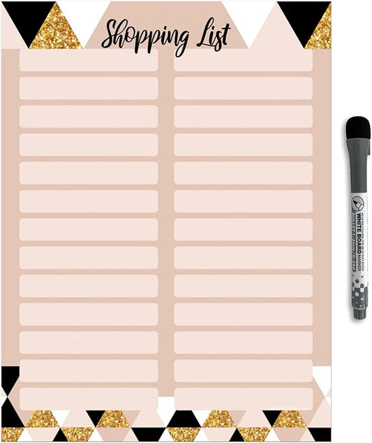 Dry Erase Shopping List Vinyl Sticker Decal Whiteboard by Glassboard Studio | Removable & Reusable | Magnetic Fine-Tip Marker Included (9 x 12 inches, Rose & Gold)