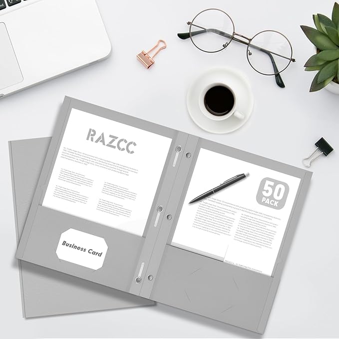 Two Pocket Folders, RAZCC 50 Pack Two Pocket Folders with Prongs, 3 Prong Folders Fit Letter Size Paper, Pocket File Folders for School Office Home Business, Grey