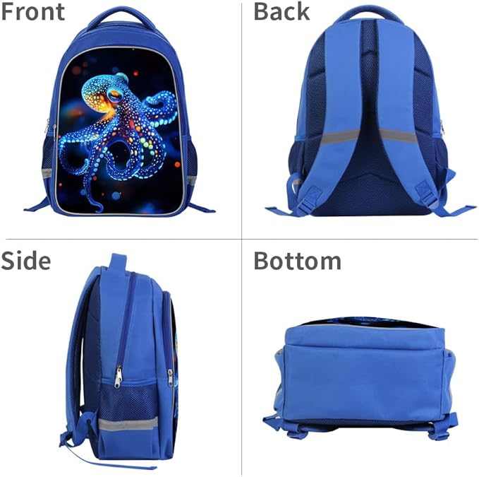 Kids Backpack, 3D Reflective Cartoon, 600D Polyester & Dual Zippers, 17" Bookbag with Ergonomic Design for boys & girls age 6-18, Octopus Space Style for school Children Kids