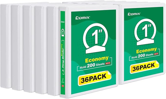 COMIX 3 Ring Binder 1 inch with Clear View Cover, 1" Round Ring Binder,Holds 200 Sheets of US Letter Size Paper, 36 Pack (White)