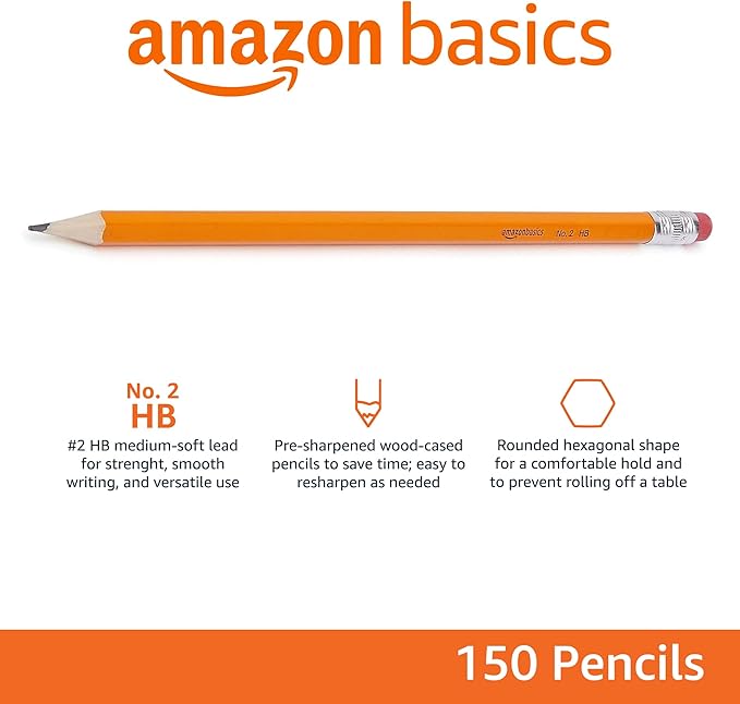 Amazon Basics Wood-Cased #2 Pencils, Pre-sharpened, HB Lead Bulk Box, 150 Count, Yellow