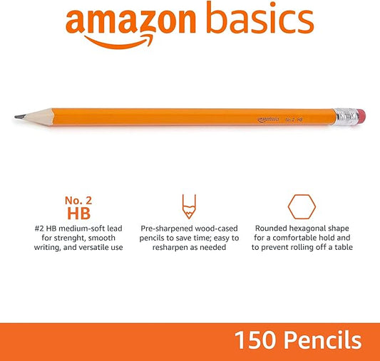 Amazon Basics Wood-Cased #2 Pencils, Pre-sharpened, HB Lead Bulk Box, 150 Count, Yellow