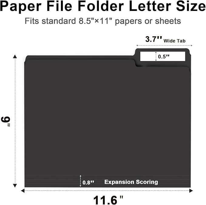 File Folder, RAZCC 150 Pack 1/3 Cut Tab File Folders Letter Size, Black Folders for Dcouments, Folders with Tab Great for Organizing and Easy File Storage