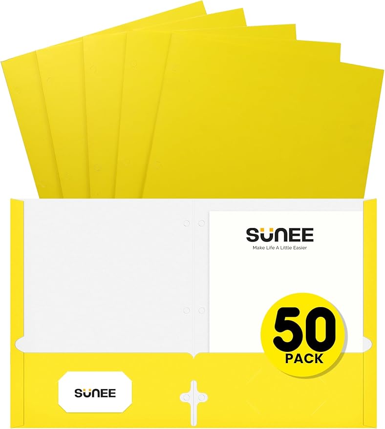SUNEE Folders with Pockets 3 Hole Punched(50 Pack, Yellow), 2 Pocket Folders Fit Letter Size Paper, Paper File Folder for School Office Home Business