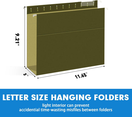 Extra Capacity Hanging File Folders, RAZCC 30 Pack Letter Size Reinforced Hanging Folders with Heavy Duty 3 Inch Expansion for Bulky Files, Filing Cabinet, Adjustable Tabs, Green
