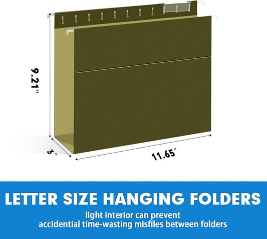 Extra Capacity Hanging File Folders, RAZCC 60 Pack Letter Size Reinforced Hanging Folders with Heavy Duty 3 Inch Expansion for Bulky Files, Filing Cabinet, Adjustable Tabs, Green