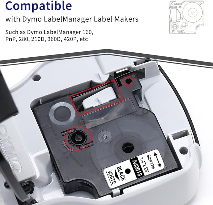 6-Pack Compatible Dymo 1/4 Inch 43613 D1 Label Tape Black on White 6mm Label Maker Refills S0720780 for DYMO LabelManager 160 280 360D 420P 450, 1/4 in x 23 Ft