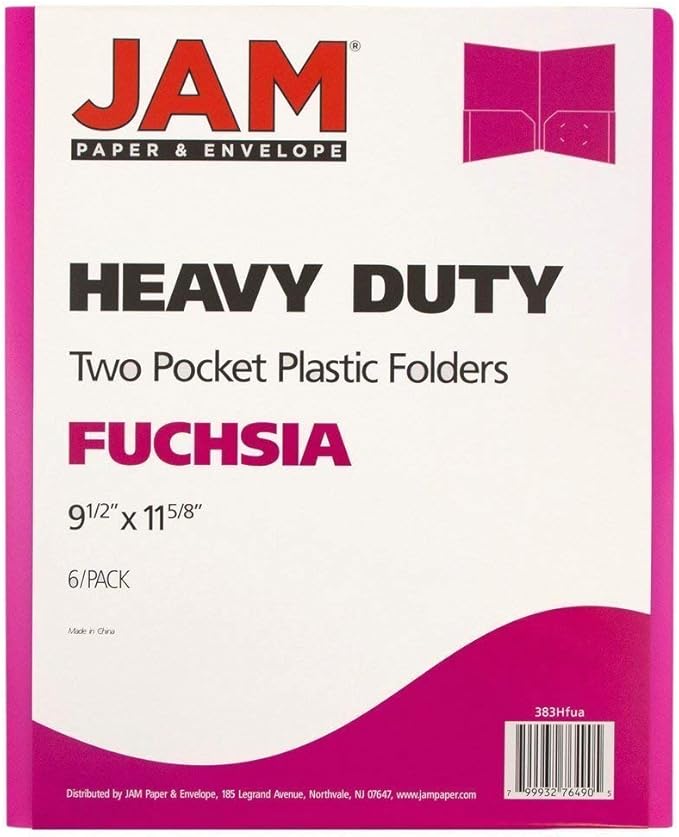 JAM PAPER Heavy Duty Plastic 2 Pocket Extra Tough School Folders - Fuchsia Hot Pink - 6/Pack