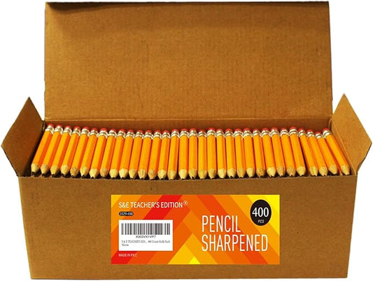 S & E TEACHER'S EDITION 400Pcs Half Pencils with Eraser Tops, Golf Pencil, Classroom, Pew - # 2 HB Pre-Sharpened Hexagon, Back to school, 400 Count Bulk Pack