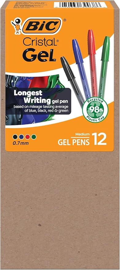BIC Cristal Gel Pens Medium Point (0.7 mm) Ultra Smooth Long Lasting Writing, Assorted Color Gel Pens, 12-Count