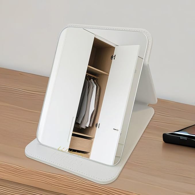 gogofree Foldable Desktop Mirror, 8" × 6" Adjustable Angle Makeup Mirror with Stand, Black Small Mirror for Travel Camping and Home (White)