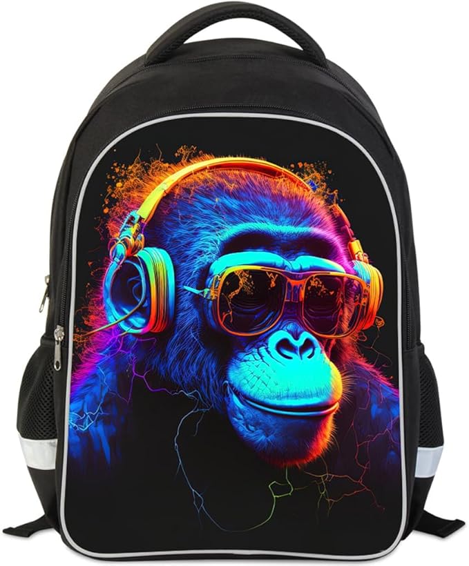 Kids Backpack, 3D Reflective Cartoon, 600D Polyester & Dual Zippers, 17" Bookbag with Ergonomic Design for boys & girls age 6-18, Gorilla Space Style for school Children Kids